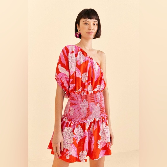 Farm Rio Women's L Red & Pink Dewdrop Floral One-Shoulder Dress Party/Cocktail - Picture 1 of 10